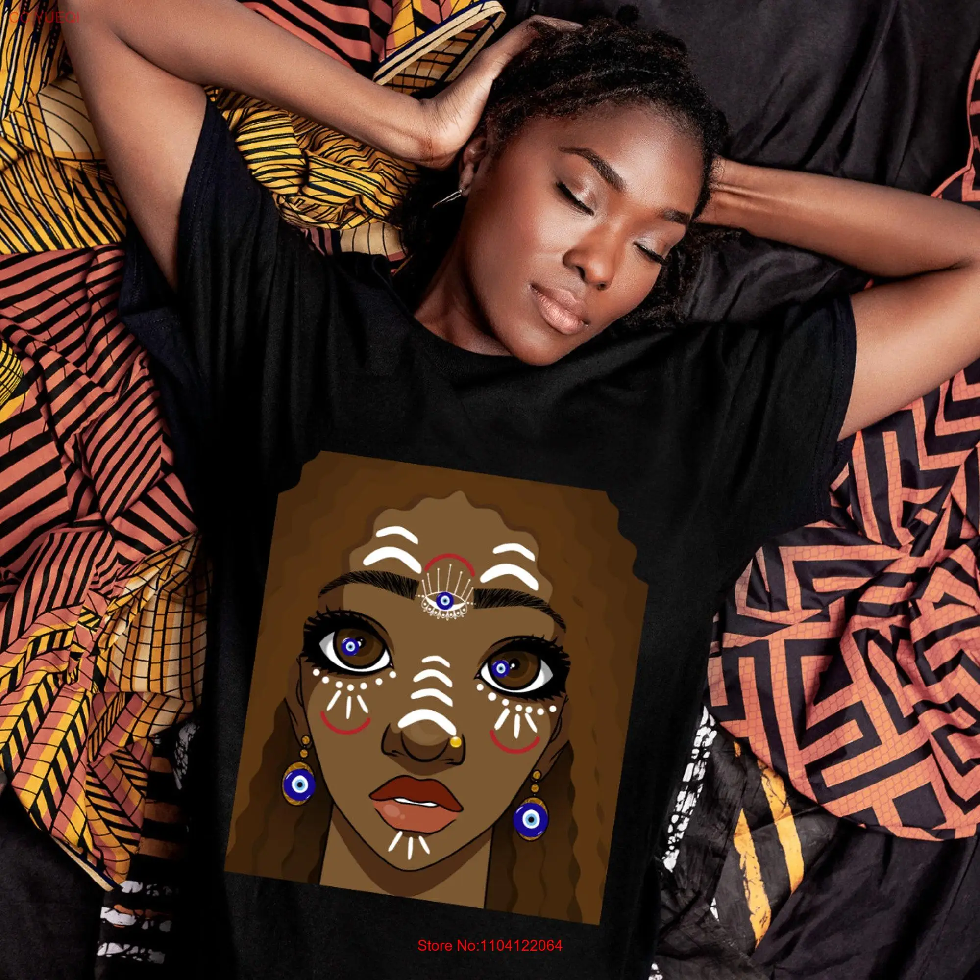 Melanated Woman with evil eye t shirts tribal marking long or short sleeves