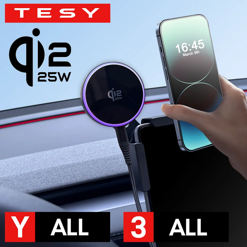 Qi2.2 25W 차량용 휴대폰 거치대 마그네틱 무선 충전기, 테슬라 모델 Y L, 주니퍼 3, 하이랜드 2026용 MagSafe 호환