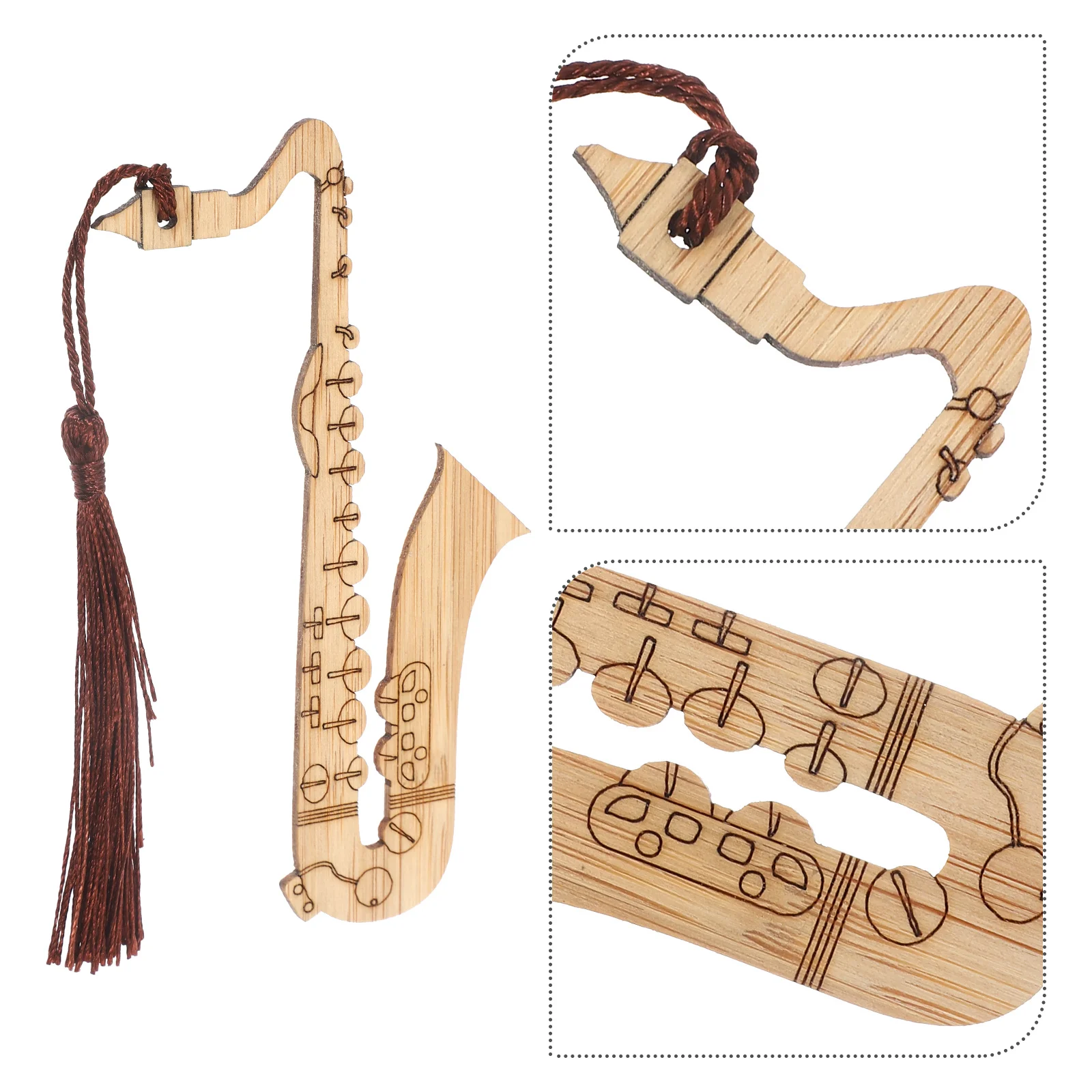 

4pcs Saxophone Shape Bamboo Bookmarks Tassel Design Decorative Book Page Markers For Women Reading Accessories Bulk Gift