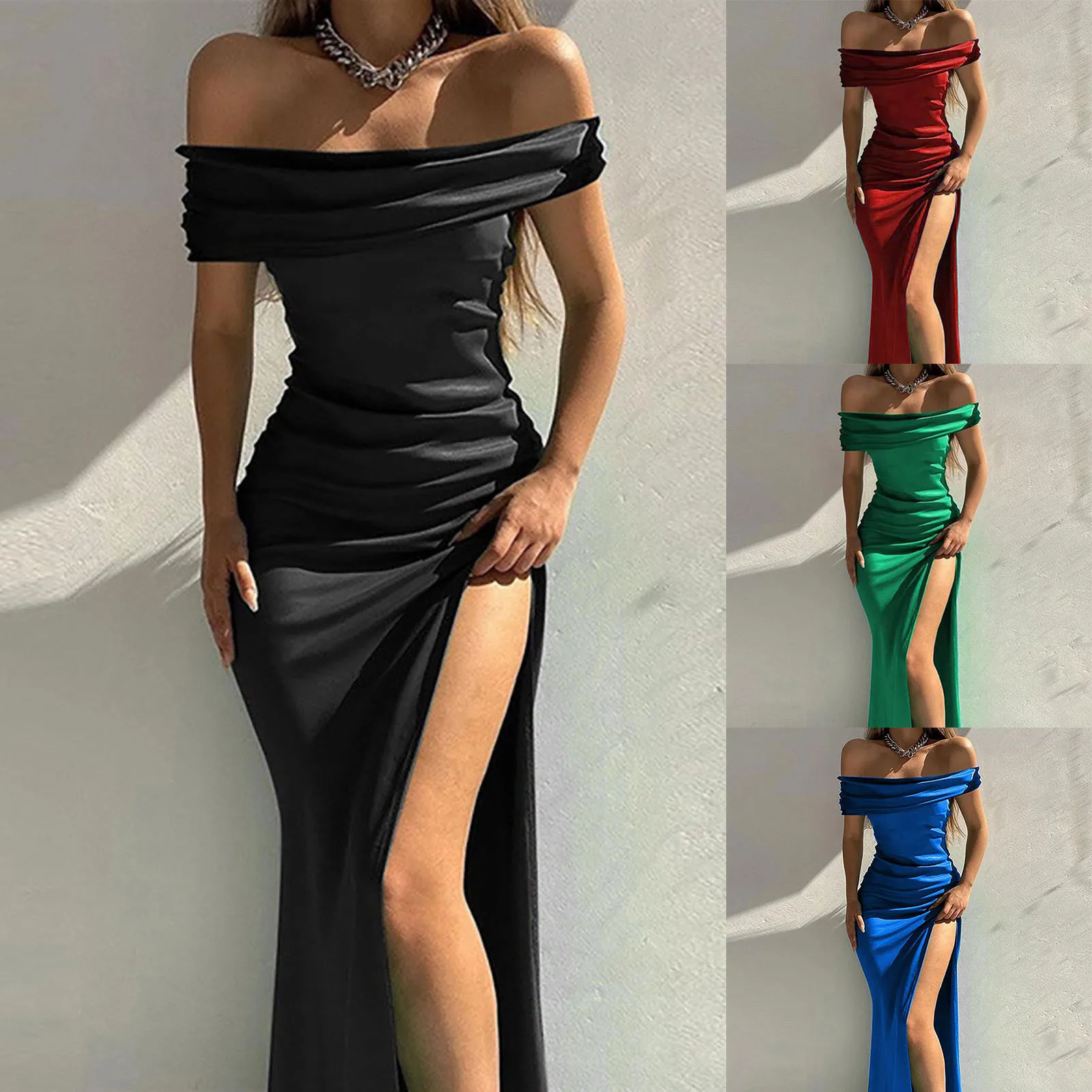 

Fashion Solid Color Slash Neck Solid High Slit Sexy Formal Champagne Slit Slim Elegant Wrap Dresses For Wedding Guest Vestidos