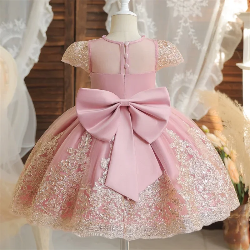 Toddler Infant Bow Baby Girls Dresses Pink Embroidery Flower Baptism Gown 1st Birthday Party Princess Dress Wedding Baby Clothes