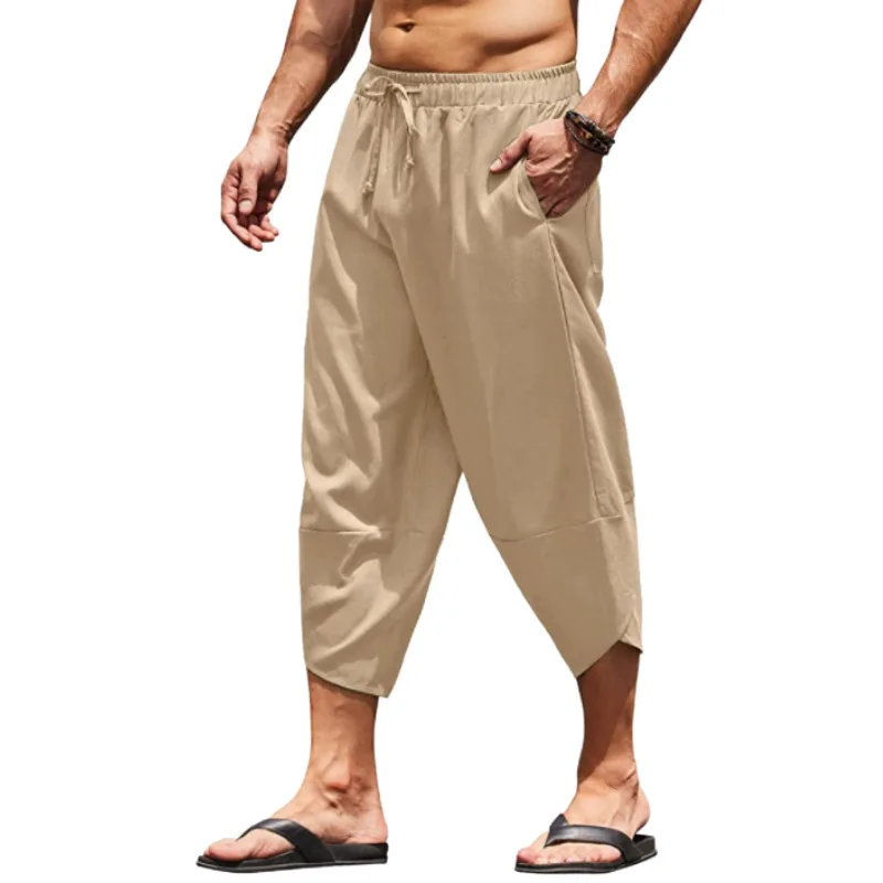 Men Summer Solid Color Capri Pants Harem Shorts Men Elastic Waist Drawstring 3/4 Length Cropped Trousers Baggy Sweatpants