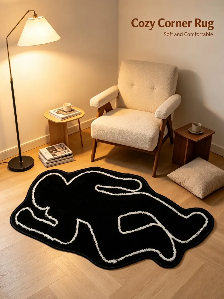 Irregular Human Body Silhouette Area Rug Soft Flannel Non‑Slip Floor Mat Black White Creative Personality Carpet For Bedroom Liv