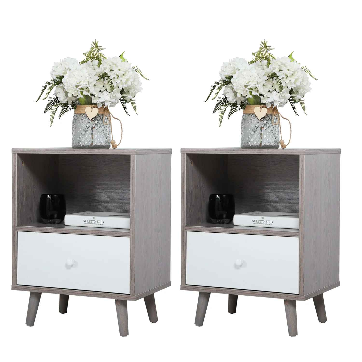 Set of 2 Low foot bedside table with drawer storage compartment - gray