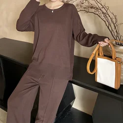 Women Fall Simple Two-piece Set Loose Set Casual Long Sleeve O-neck Knit Tops and High Waist Lace Up Split Wide Leg Pants Winter