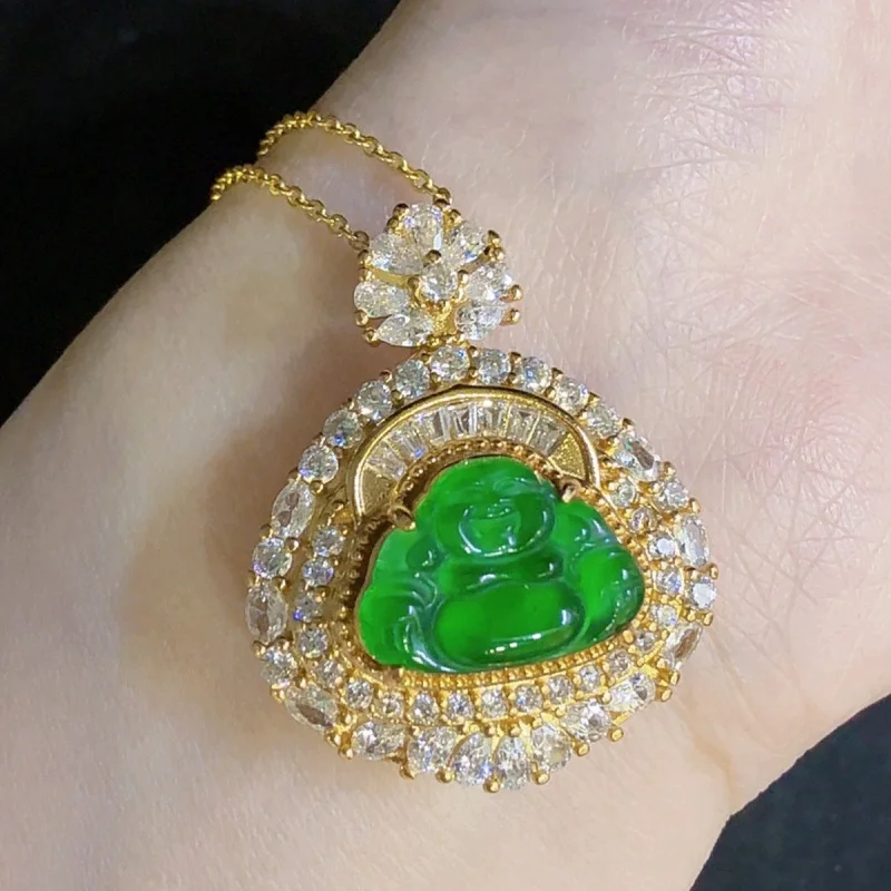 Natural Grade A Jadeite Laughing Buddha Pendant, Women's Jade Necklace, Inlaid DIY Jade Accessories