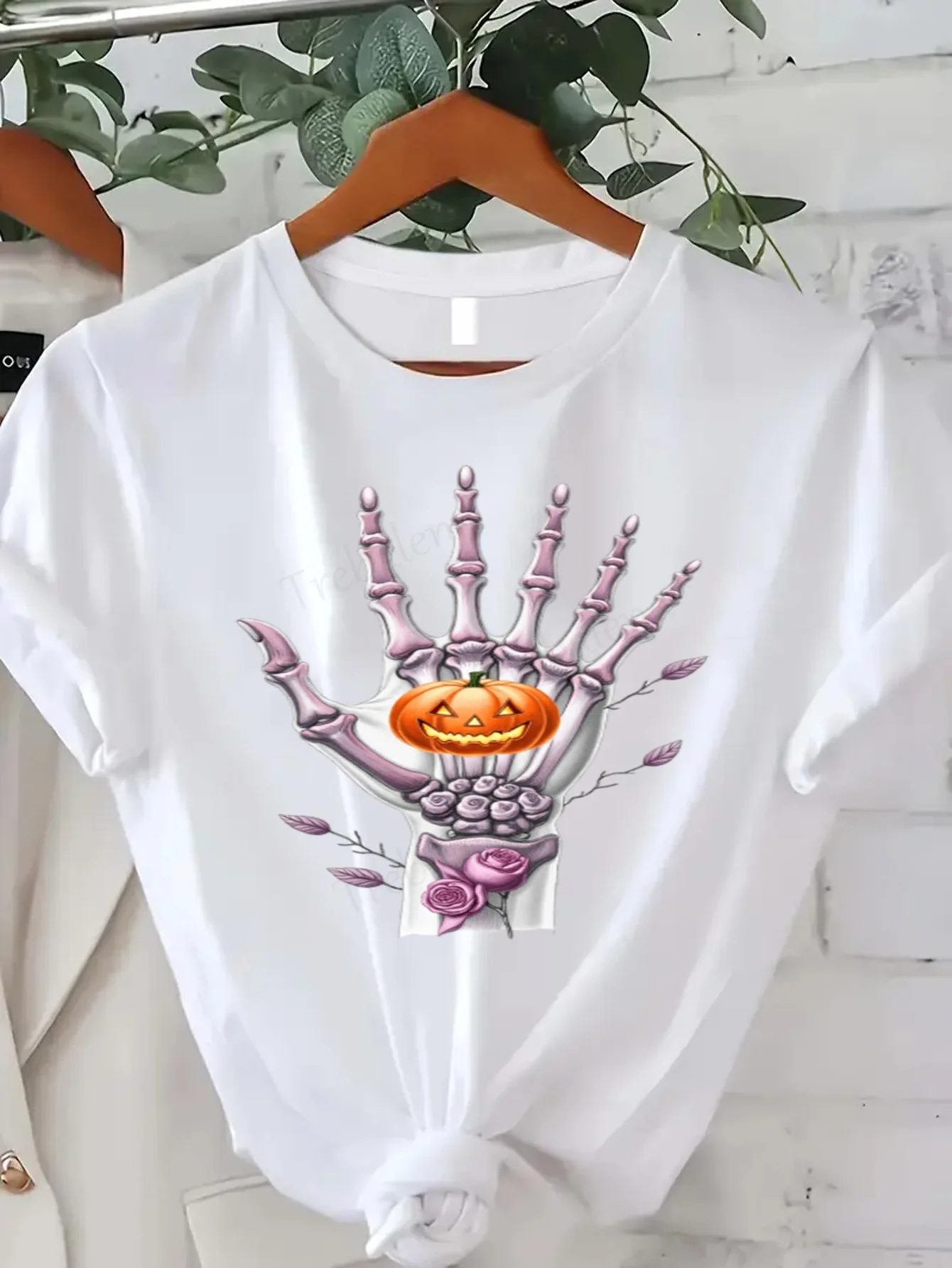 Round Neck T-shirt Halloween Skeleton Hand Pumpkin T-Shirt Women's Plus Size Gothic Style Short Sleeve Tee Fashion Casual Top