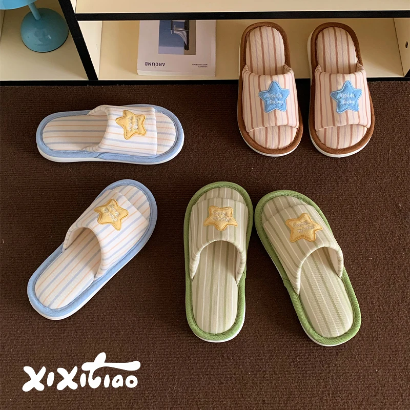 XIXITIAO Summer Cute Star Striped For Women Soft Comfort Indoor House Slides Casual Flat Shoes Open Toe Linen Cotton Slippers image 6