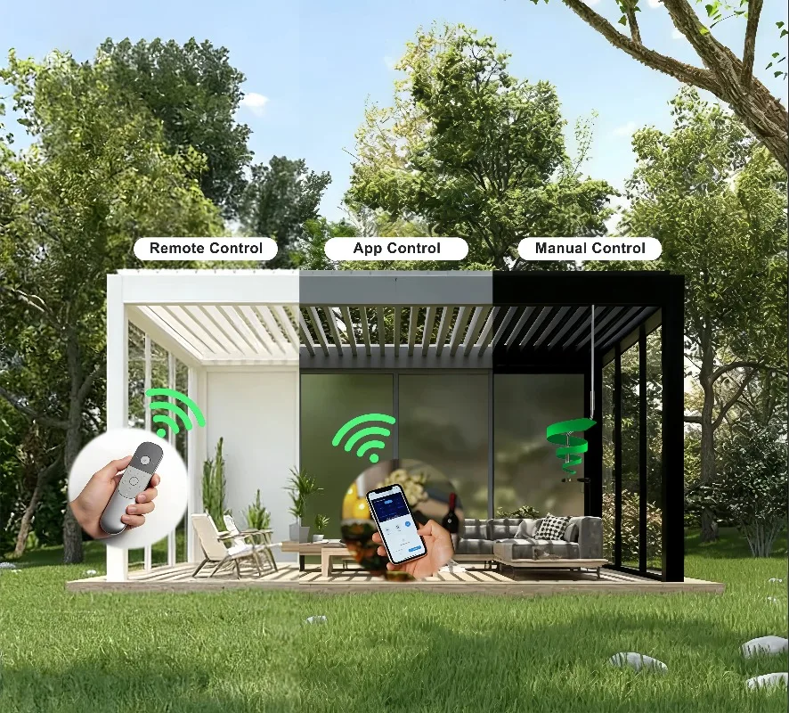 Waterproof bioclimate pergola, equipped with an electric louvered roof system and a remote-controlled aluminum gazebo.