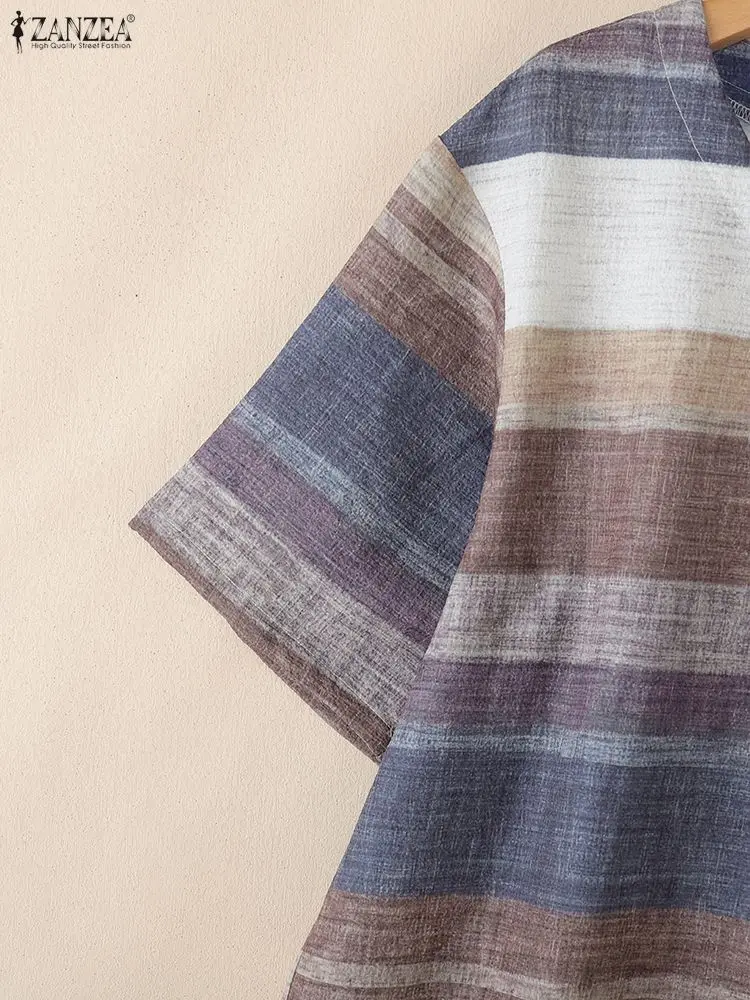 Elegante abito da donna a righe in colore a contrasto Estate 2025 Scollo a V Manica corta Allentato Casual T-shirt al ginocchio Abiti da indossare ogni giorno