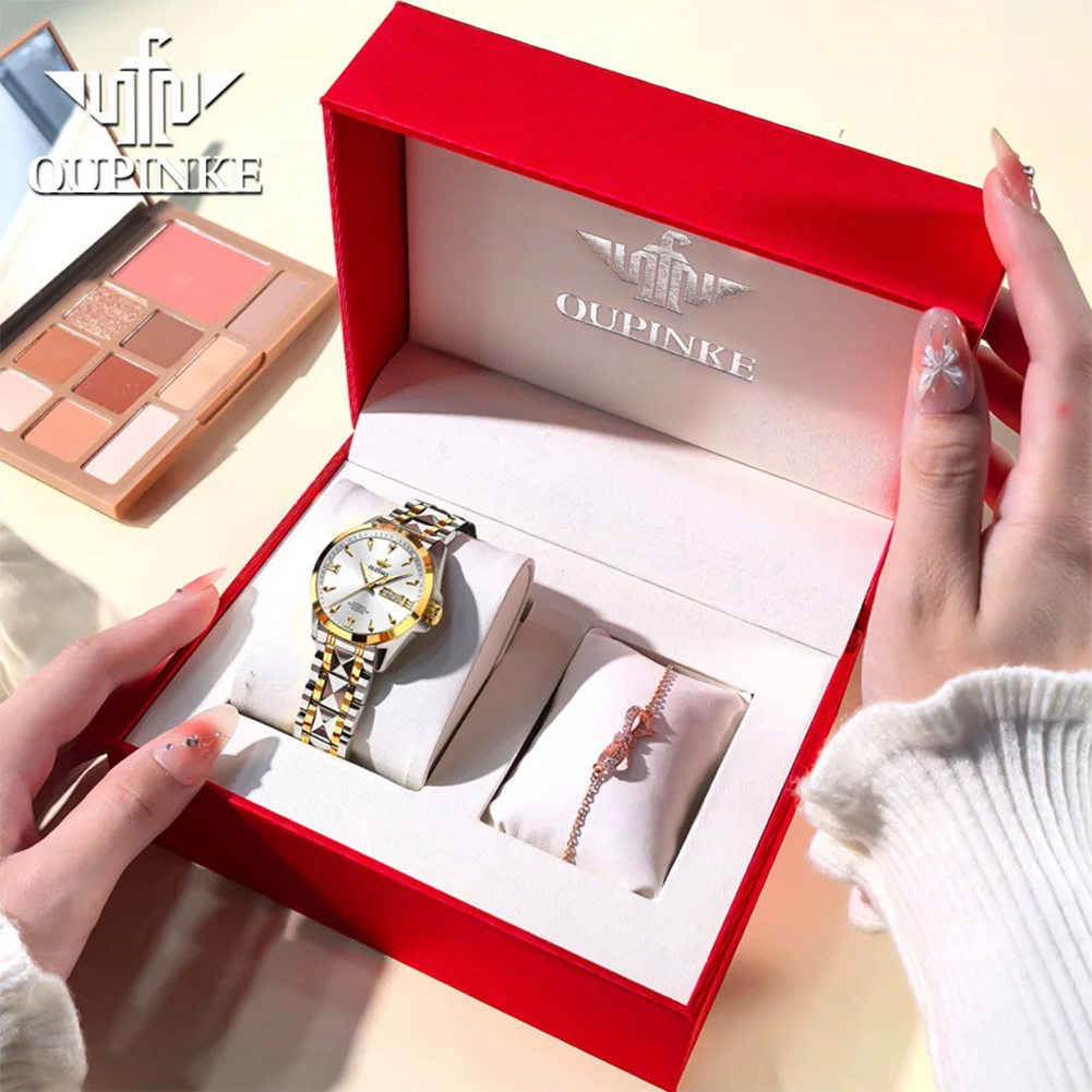 OUPINKE 3306 Ladies Watch Luxury Elegant Automatic Mechanical Watch Tungsten Steel 50M Waterproof Day Date Watch For Women Set