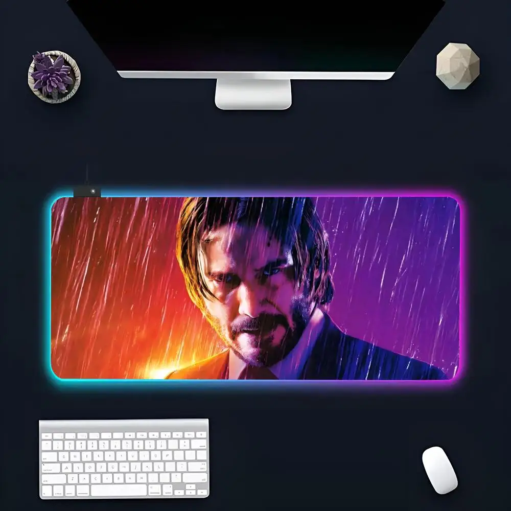 J-John Wick Movie MINISO Mouse Pad RGB Gaming Mousepad LED Large Gamer Mousepads XXL Keyboard Pads Luminous Desk Mat Backlit