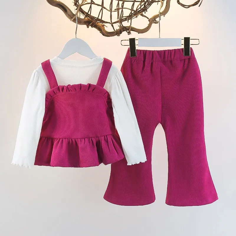 Autumn Children Suit Spring Baby Fashion Casual Outfit Girls Corduroy Camisole+Long Sleeve Tops+Flared Pants 3Pcs Clothes Sets