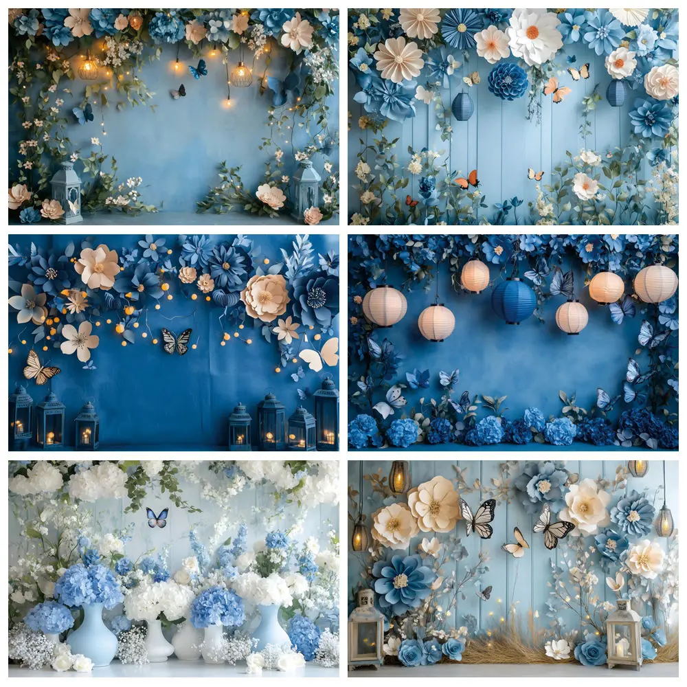 

Spring Blue Flower Butterfly Photography Backdrop Fantasy Floral Lanterns Baby Birthday Wedding Party Photo Background Decor