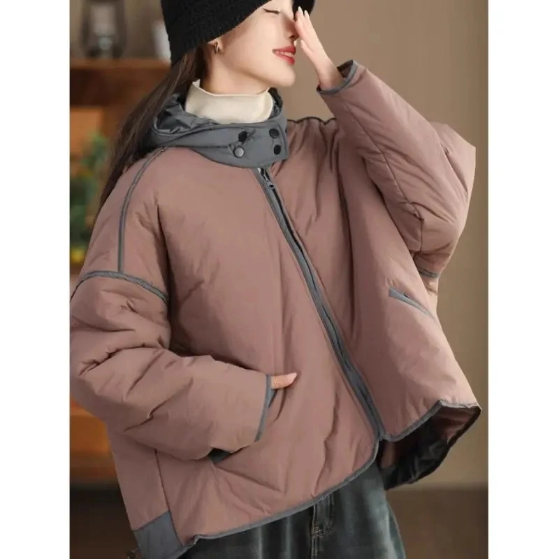 Women's Autumn And Winter Fashion Contrasting Color Quilted Jacket Hooded Drawstring Swing Loose Thin Cotton Warm Coat w1502