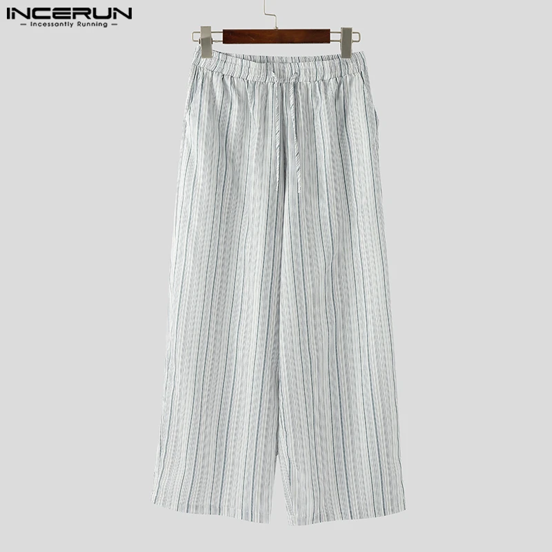 

INCERUN Men Striped Pants Joggers Drawstring Loose Casual Wide Leg Trousers Men 2025 Korean Style Fashion Long Pants Streetwear