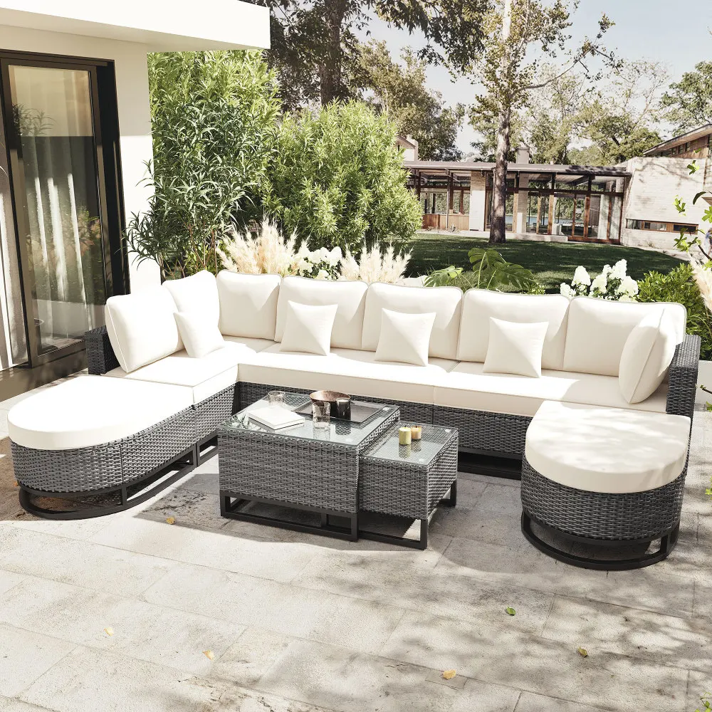

7-piece outdoor willow sofa set, rattan protection segmented free combination set, beige