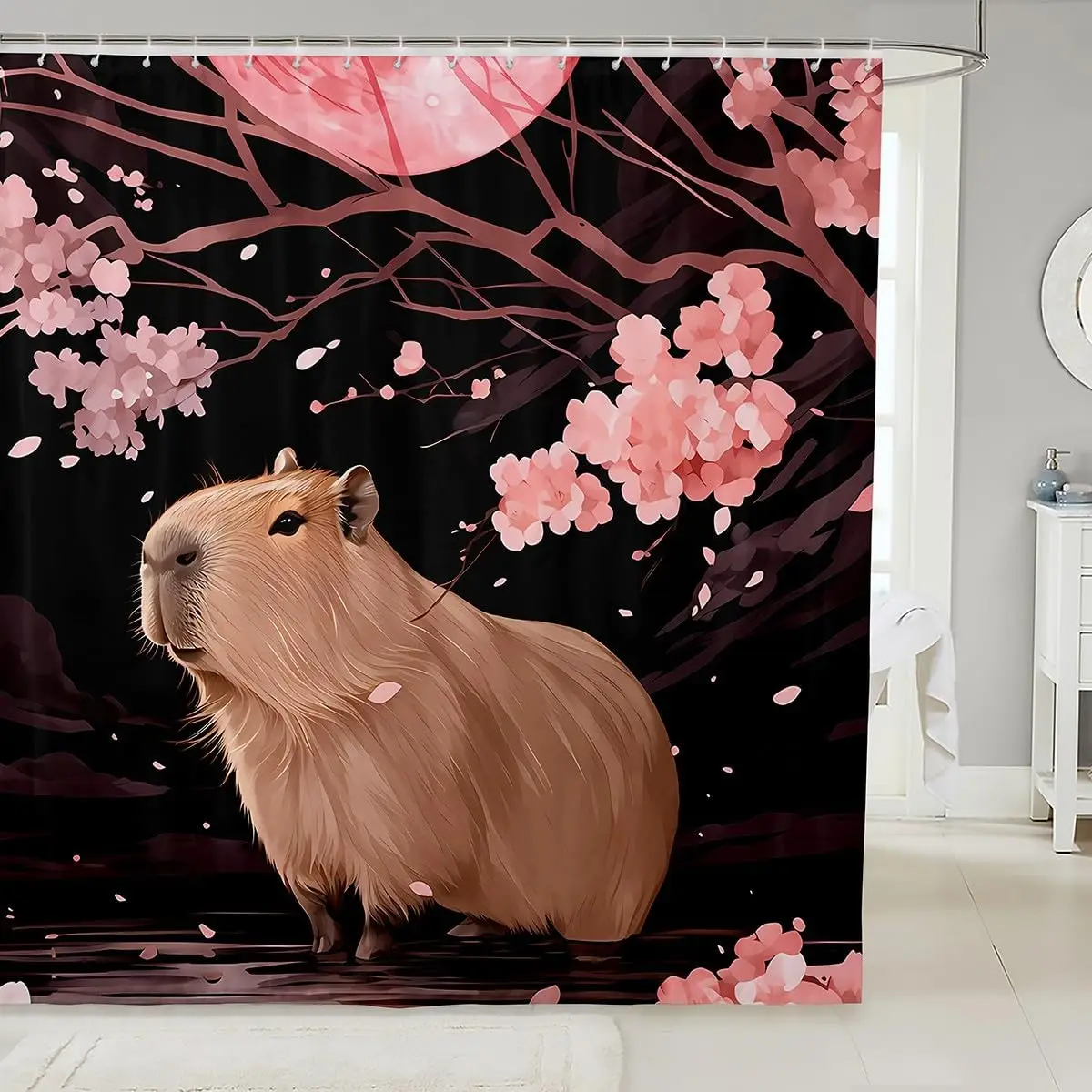 

Детская милая занавеска для душа с капибарой для декора ванной комнаты, японская занавеска для ванной с цветами вишни для мальчиков и девочек-подростков с героями мультфильмов