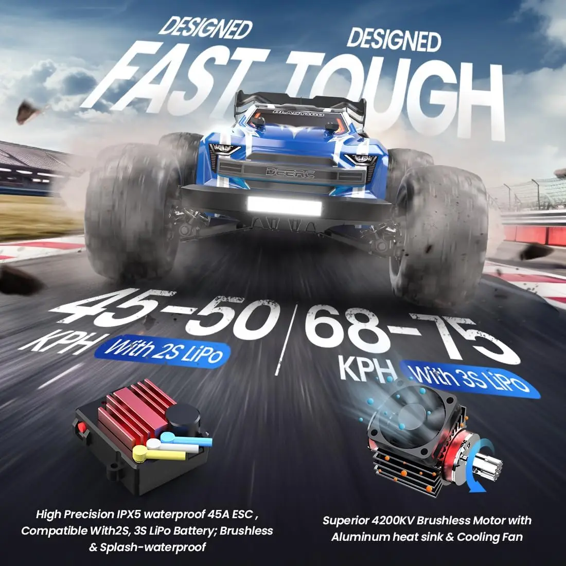 16E Remote Control Car 1:16 Brushless Motor 70 km/h, 4WD Fast Racing Car with 2 Batteries for 40 Minutes Runtime, 2.4 GHz RC Car