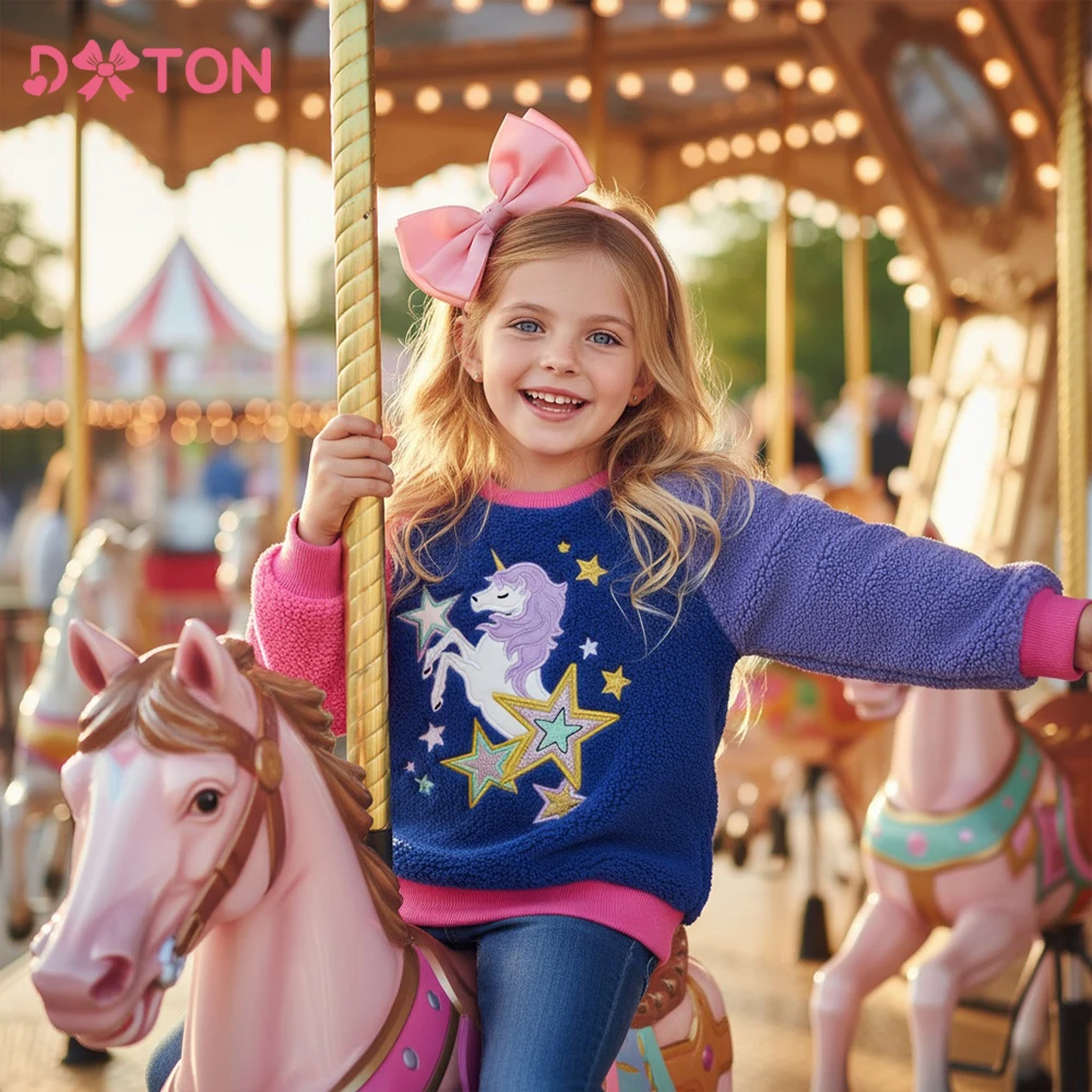 

DXTON Winter Fleece Baby Girls Sweatshirt Thicken Pullover Unicorn Children's Sweatshirt Amusement Park Kids Girls Tops Outfit