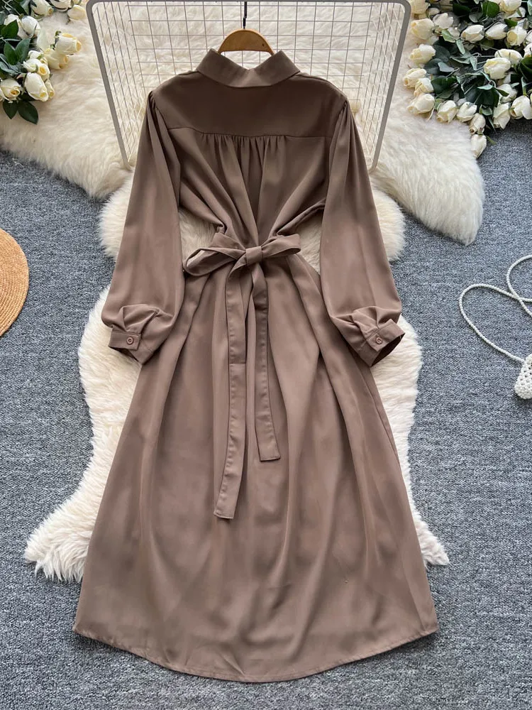 Casual Long Sve Women's Dr Tie Waist Gored Skirt Design Autumn New Sle Light Maturi Faion Single Piece Ci Commute