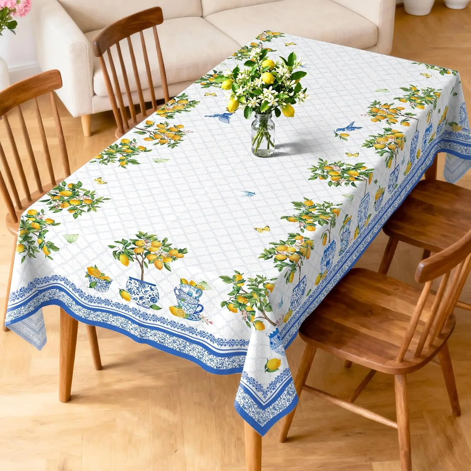 Summer Lemon Tree Blue Vase Rectangle Tablecloth for Table Decor Washable Farmhouse Table Cover for Kitchen Dining Party Decor