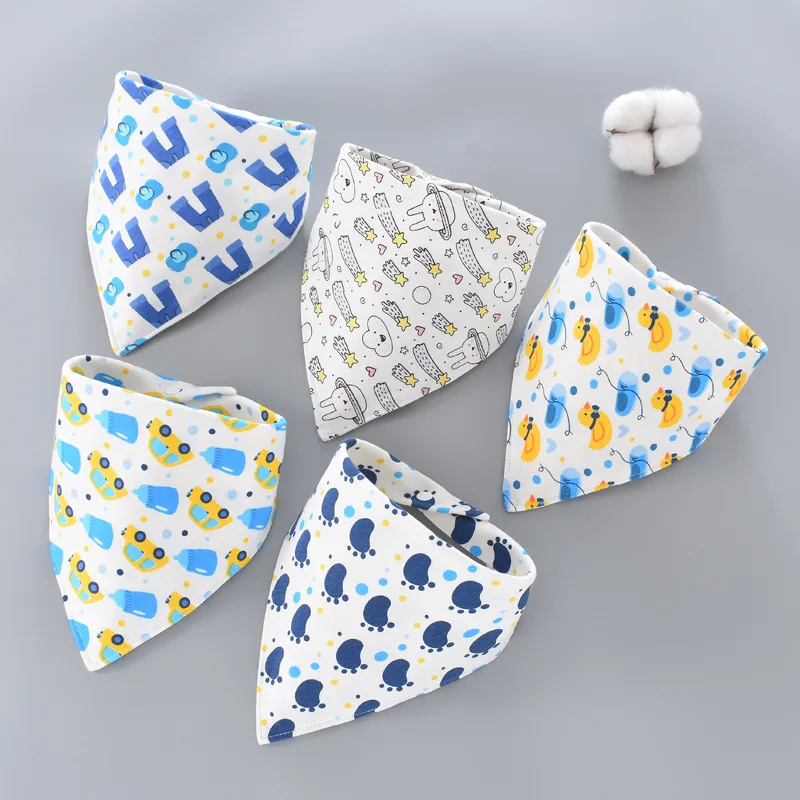 5pcs/lot Pure Cotton Baby Bibs Triangle Double Cotton Bibs Cartoon Print Saliva Towel Baby Boys Girls Feeding Apron