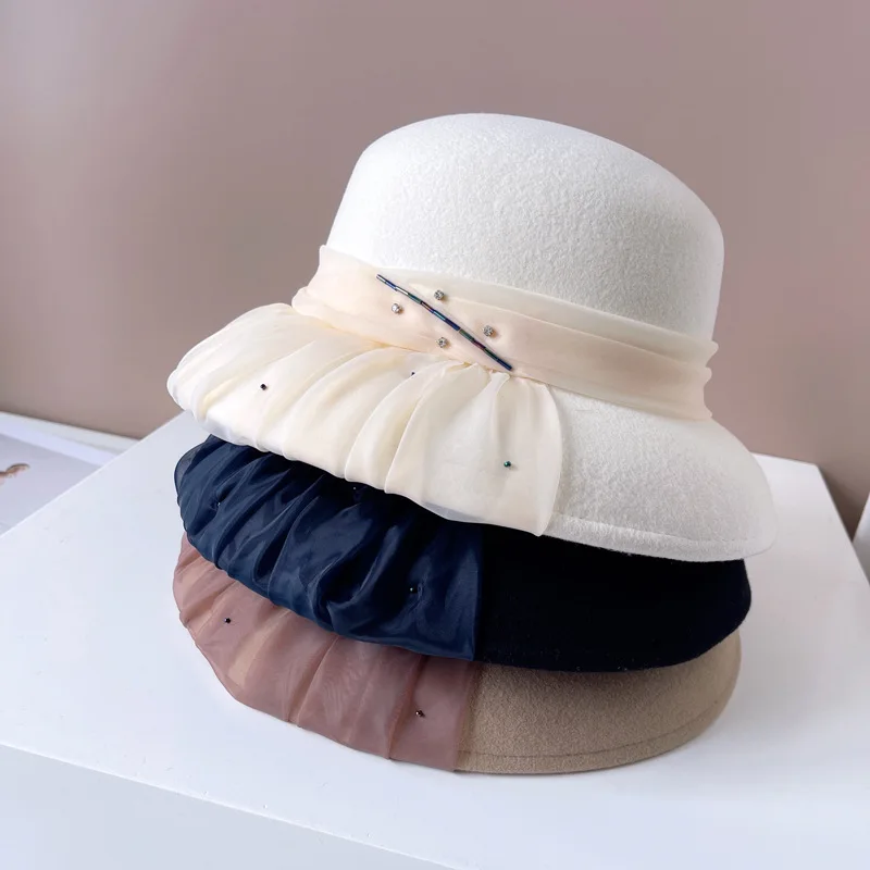 French Hepburn style pleated light yarn lampshade hat for women winter warm Australian wool felt hat rhinestone vintage top hat