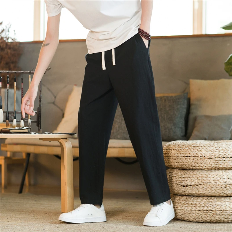 Pure Cotton Linen Men's Summer Thin Nine-Piece Casual Pants Loose Straight Leg Breathable Comfortable Straight Cut Trousers