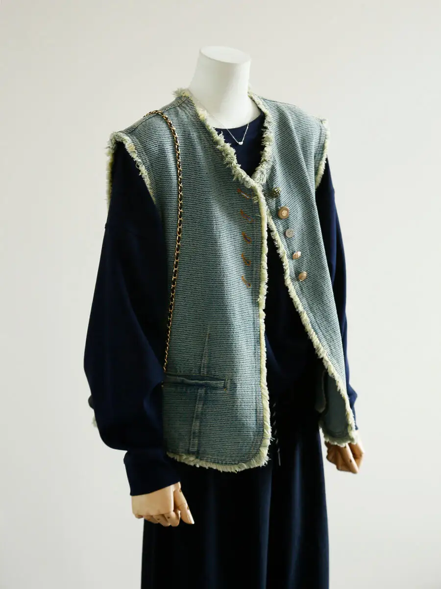 Faionable américain Sle femmes Denim gilet automne hiver nouveauté côté boutonné Svel gilet avec effiloché s