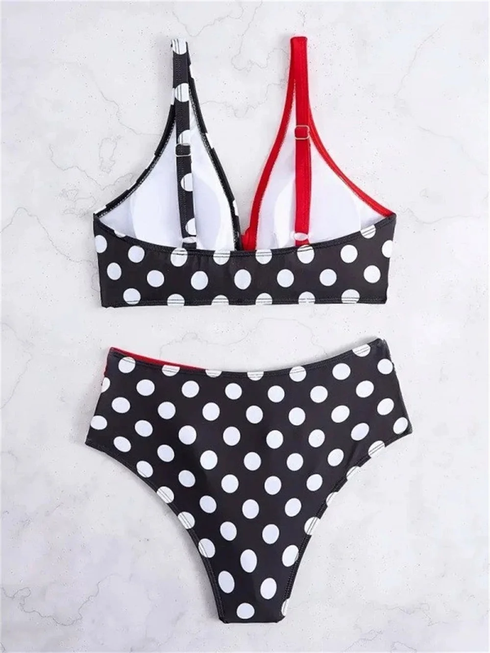 Sexy Print Color Block Swimwear Black and White Polka Dot Swimsuit Crossed Red Bikini Women High Waist Vacation Beachwear Outfit