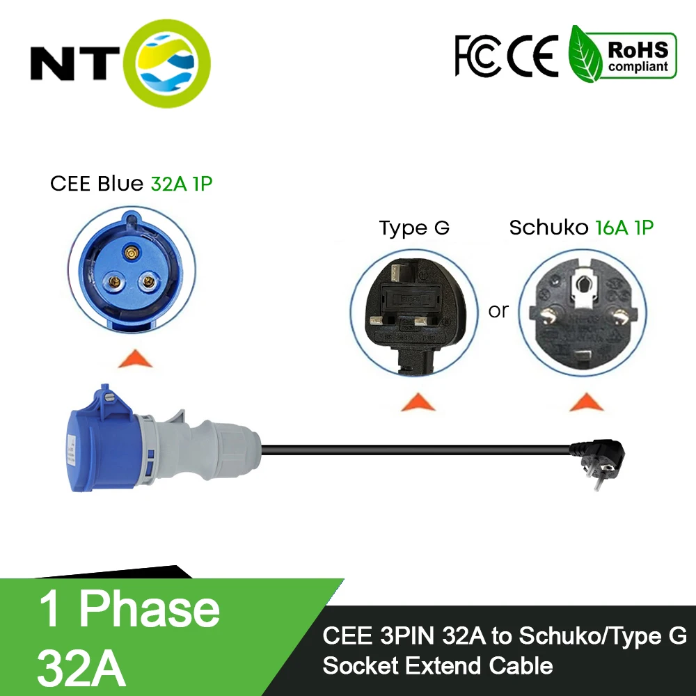 NTO Blue CEE Female Power Plug 3 Holes Socket to Schuko 2 Pin Adapter Type 2 EV Charger