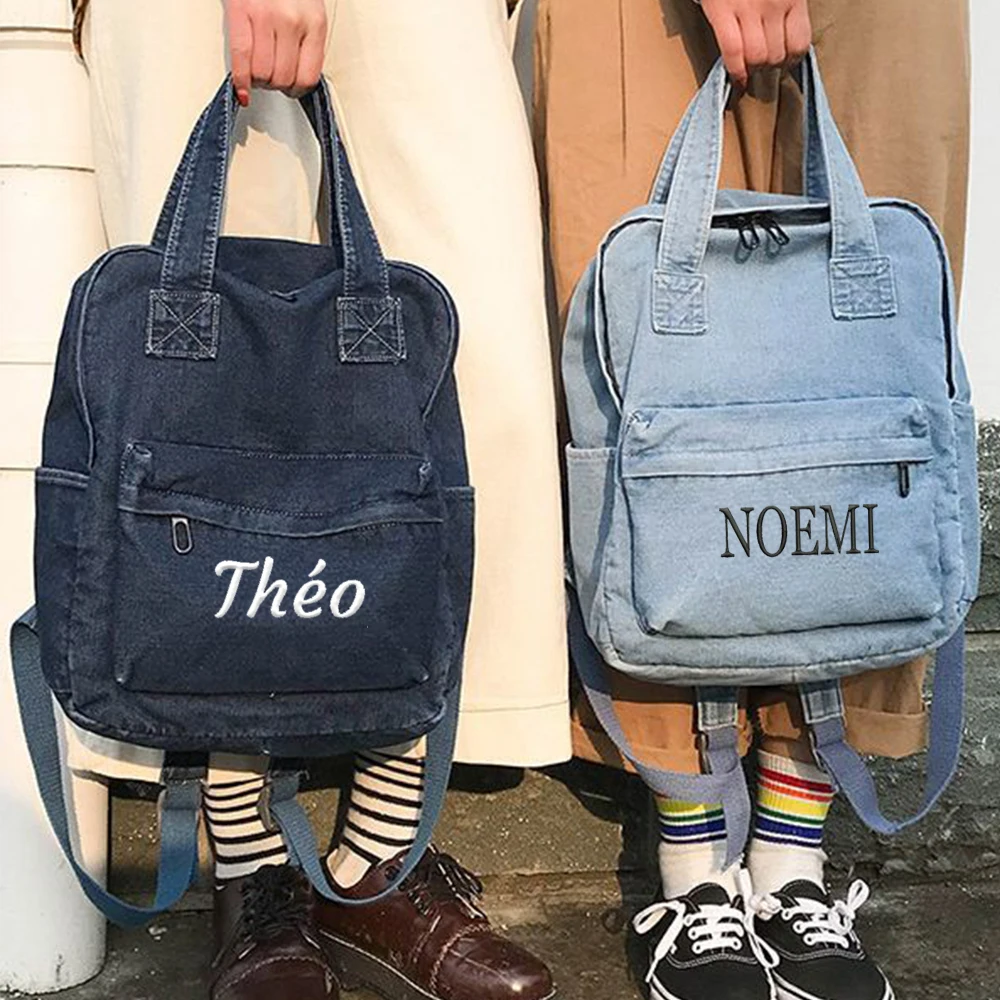 Aangepaste denim canvas rugzak gepersonaliseerde geborduurde naam meisje grote capaciteit schooltas unieke verjaardagscadeau reizen denim tas