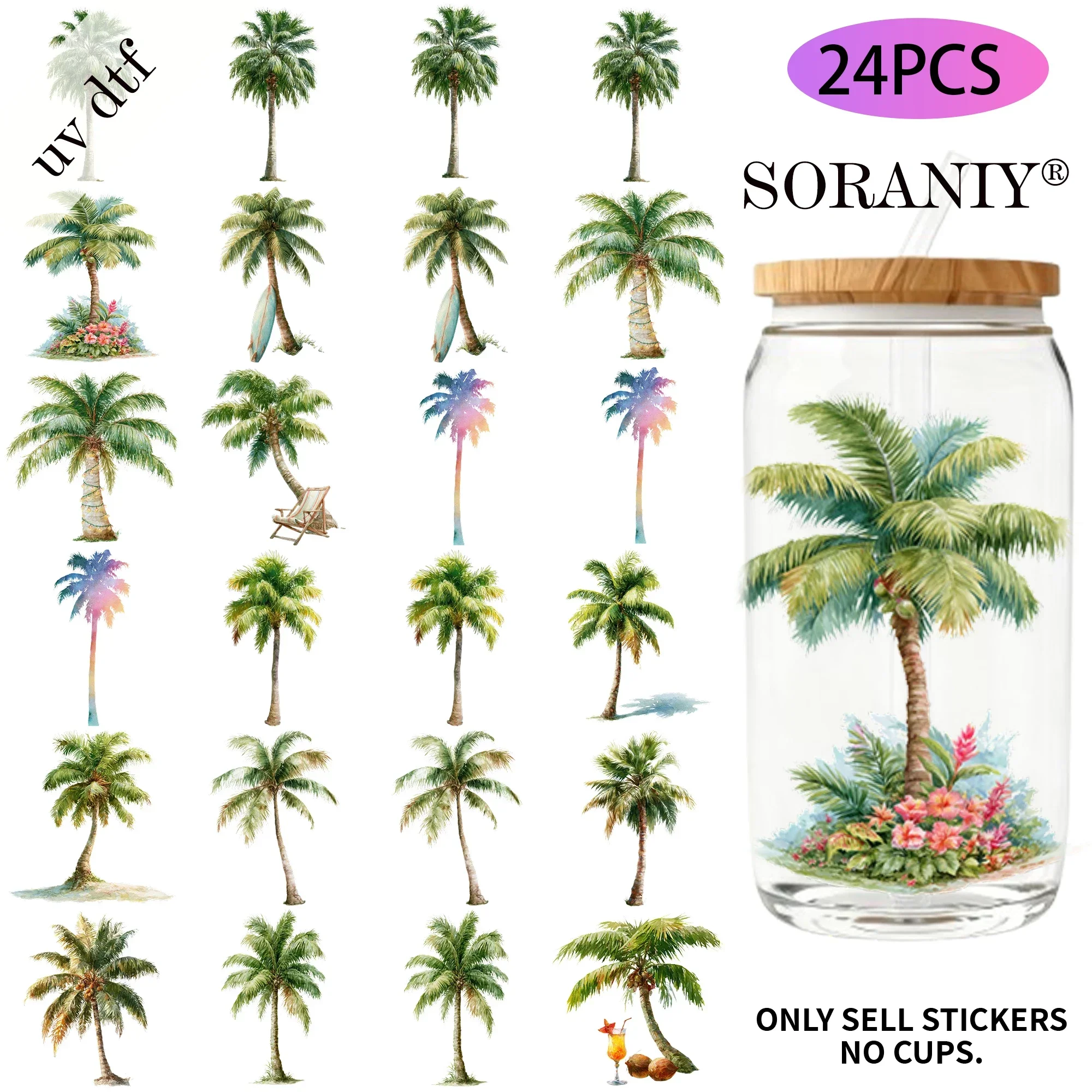 24PCS/Set Palm Tree Watercolor  Themed UV DTF 16OZ DIY Transfer Sticker For 16OZ Water Bottles Glass Bottles Laptops Home Decora
