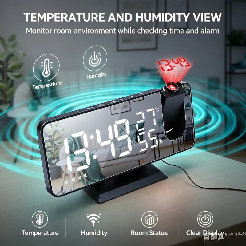 LED Display Projection Table Clock, Radio‑equipped Electronic Timepiece Fits Guest‑room Night‑table Layout