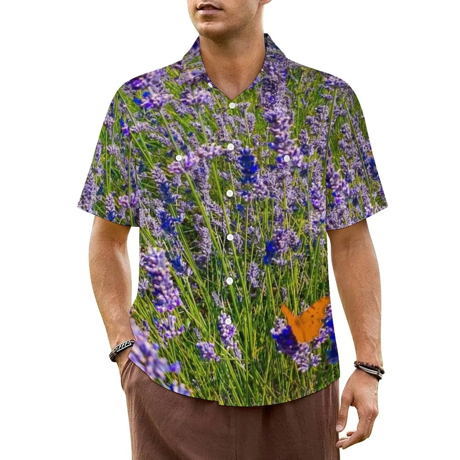 

Lavender Field Beach Shirt Mens Purple Flower Print Classic Casual Shirts Summer Short-Sleeve Y2K Street Plus Size Blouses Gift