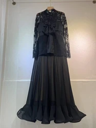 SEQINYY Elegant Long Dress Black Lace Summer Spring New Fashion Design Women Runway Pleated A-Line Slim Party High Street