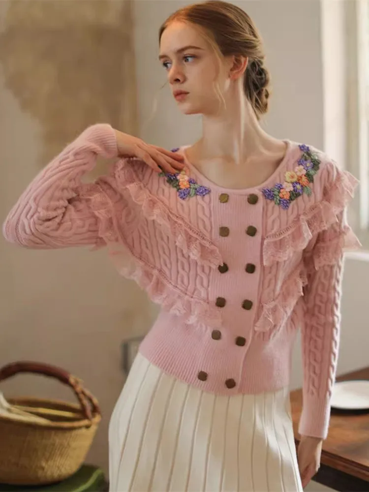 

AIGYPTOS SpringFall PulloverSweater Women Elegant Handmade Flower Embroidery Victoria French Lace Patchwork Wool Knitted Sweater