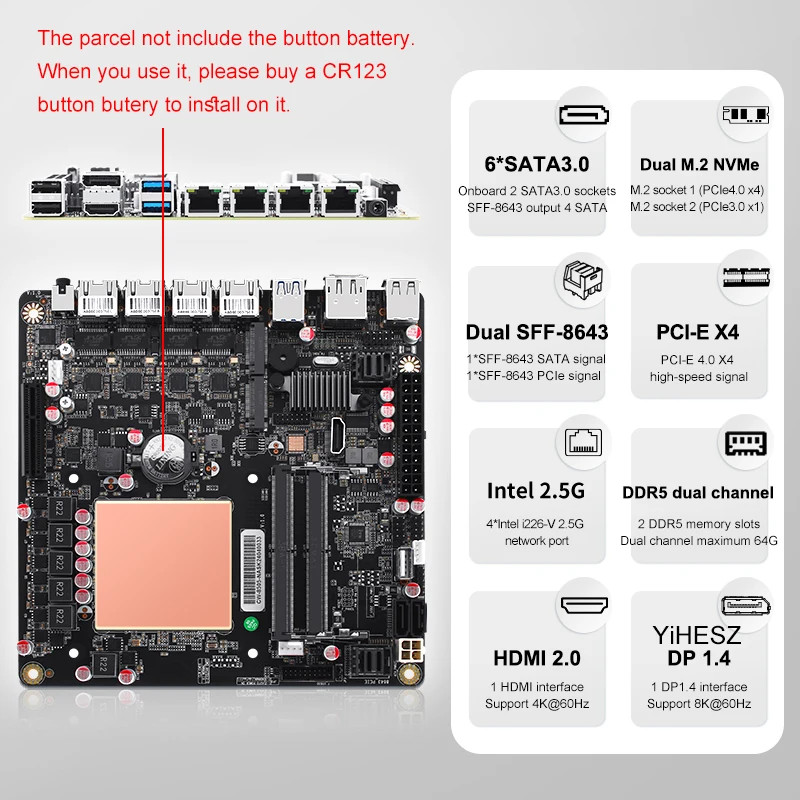 i5-12450H 6-Bay NAS Motherboard Pentium 8505 Max 6*NVMe 6*SATA3.0 PCI-E X4 Mini ITX Board 4*Intel i226-V 2.5G 2*DDR5 NAS Board