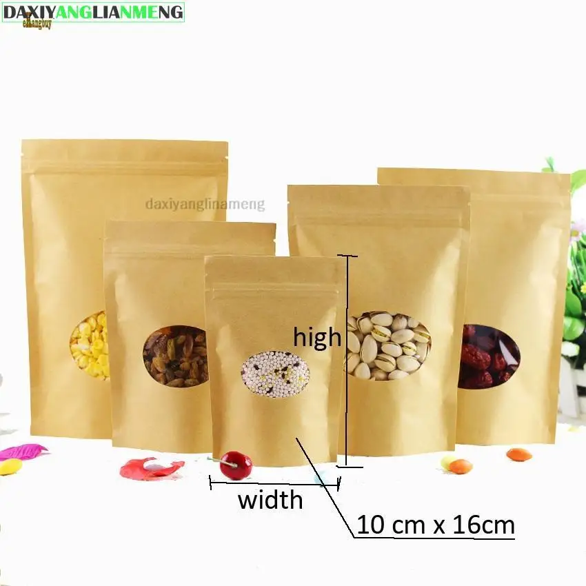 100pcs/lot 8 Sizes Kraft Paper Packaging Bag Transparant Round Stand Up Zipper Packing Bags Zipper Lock Retailer Package