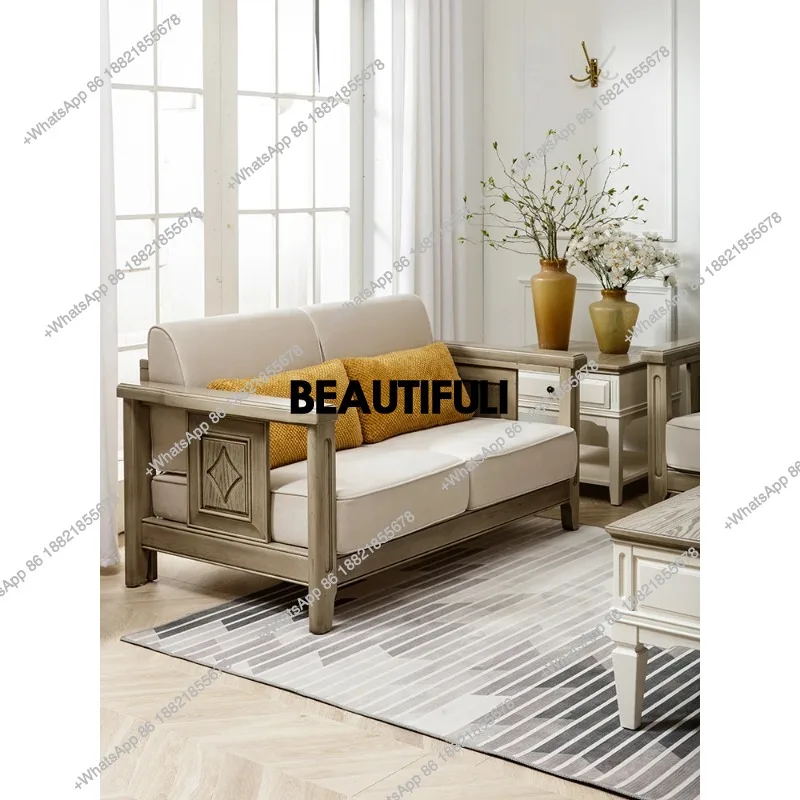 

American rural all-solid wood sofa fabric fully dismantled and washed 123 living room combination small apartment new
