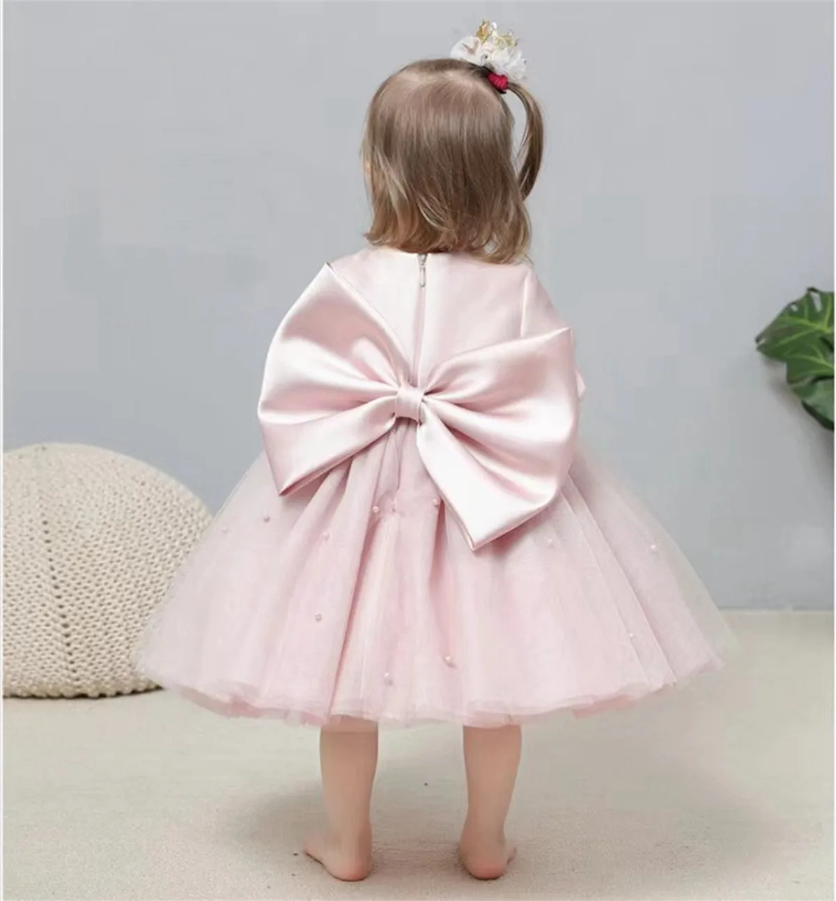 Vestidos de flores para niñas, hermoso vestido de baile de Puff rosa para boda, tul con cuentas, fiesta de cumpleaños, vestidos de primera comunión para niños