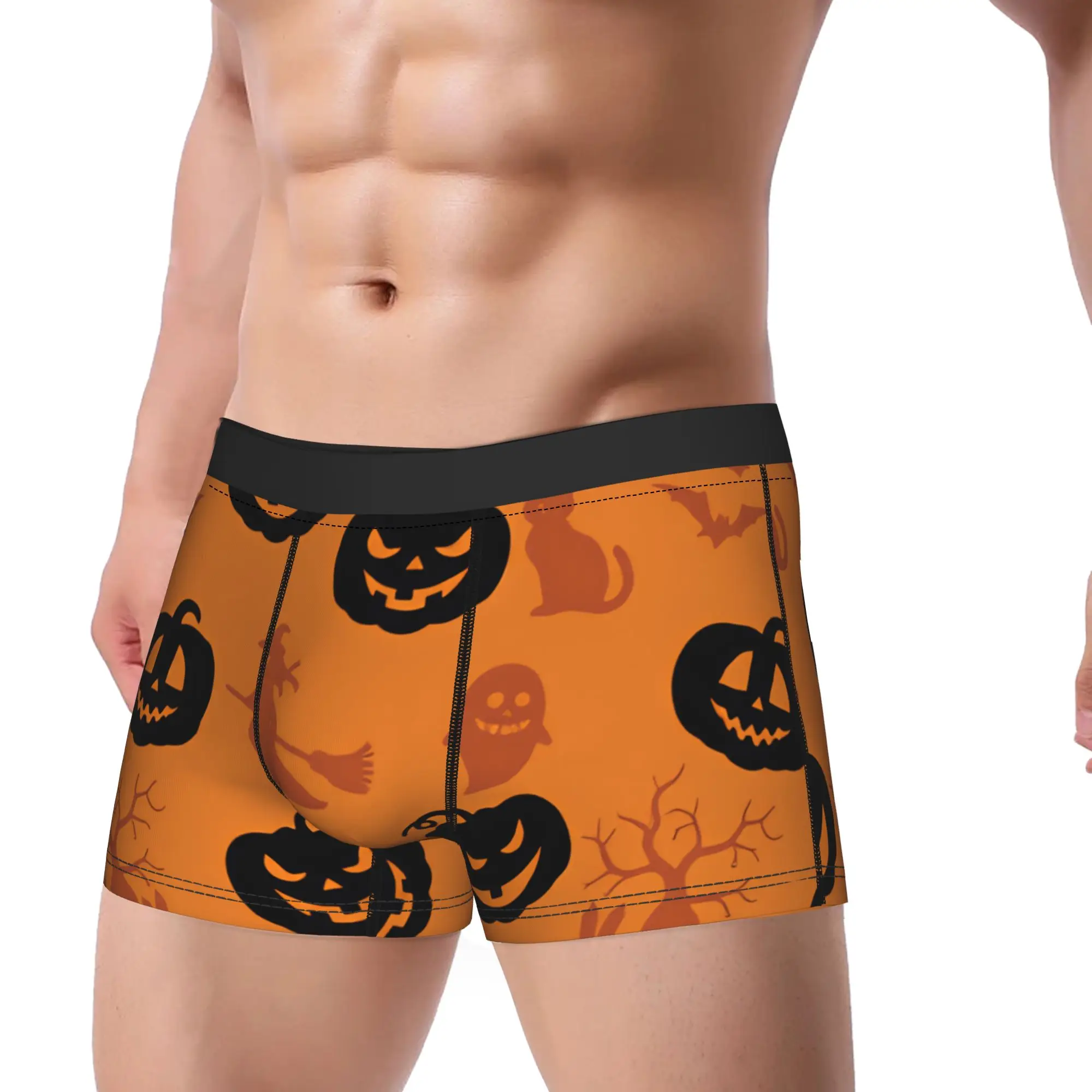 Halloween Pumpkin Cat Witch Spider Web Bat Seamless Pattern Orange Background Underwear  Males Shorts Briefs Comfortable Trunk