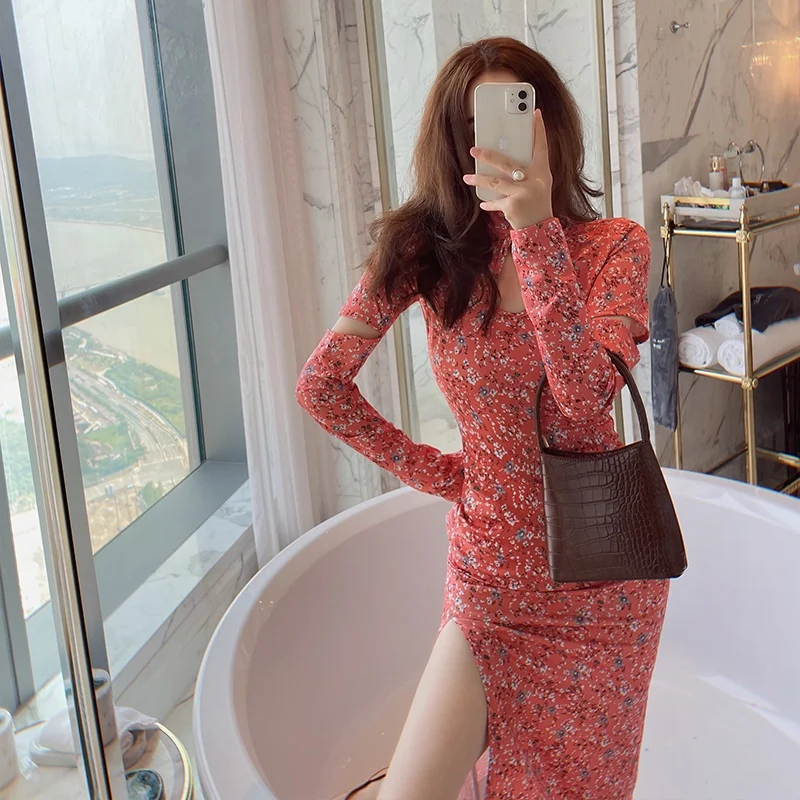 

Yanyan Sexy High Collar Long Sleeve Floral Print Qipao Dress Waist Cinched Side Slit Fashionable Chinese Style Women's Dress