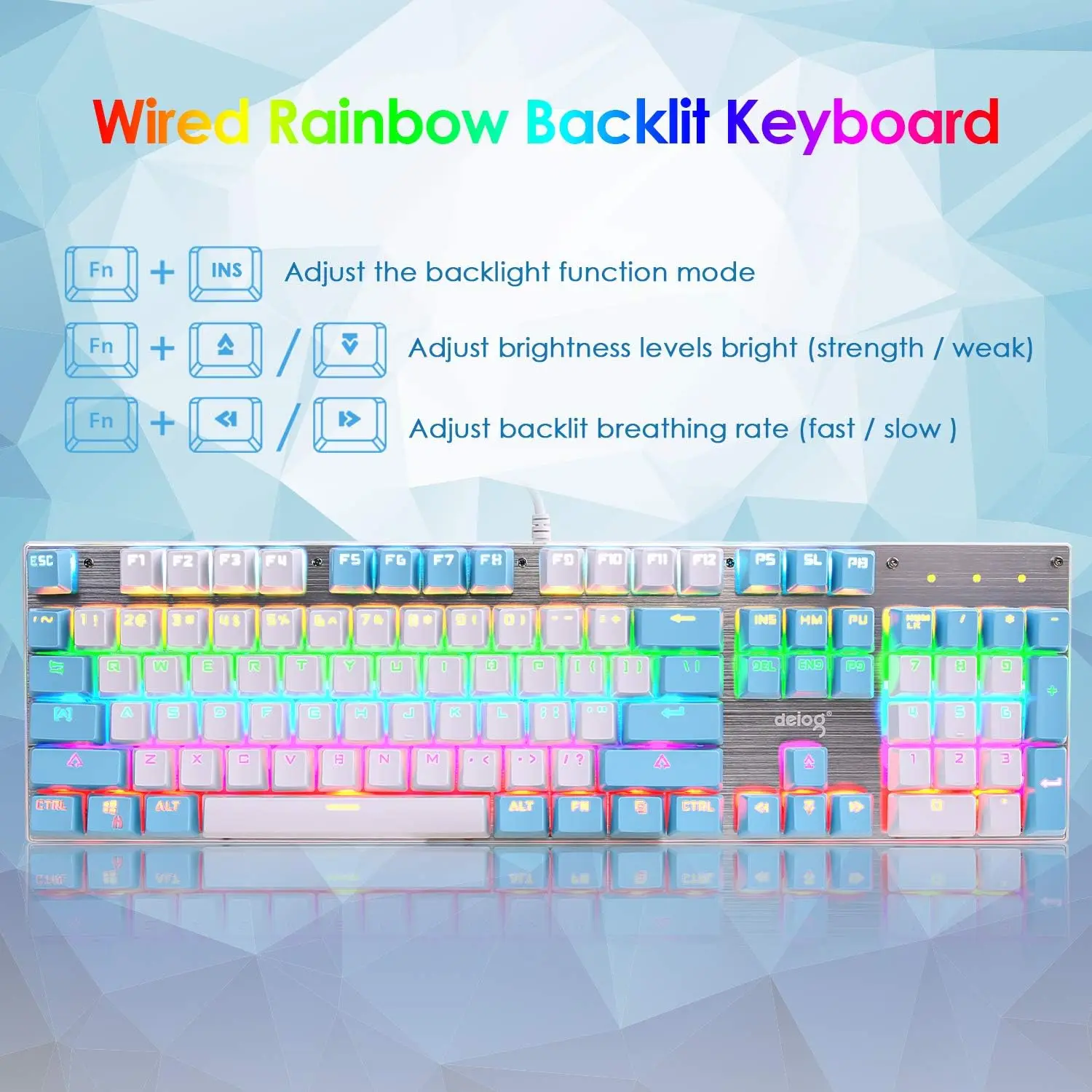 Wired Mechanical Gaming Keyboard Blue Switch 104 Keys RGB Rainbow LED 9 Backlight Modes Full Anti-ghosting Silver Metal Panel