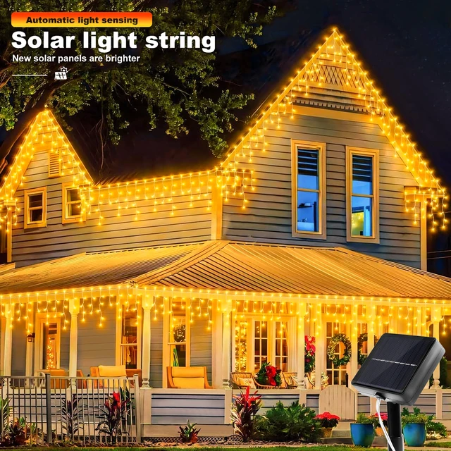 NEW Solar Christmas Icicle Lights 162 LED 8 Modes Waterproof Curtain String Lights for Outdoor Garden Room Holiday Lighting 2