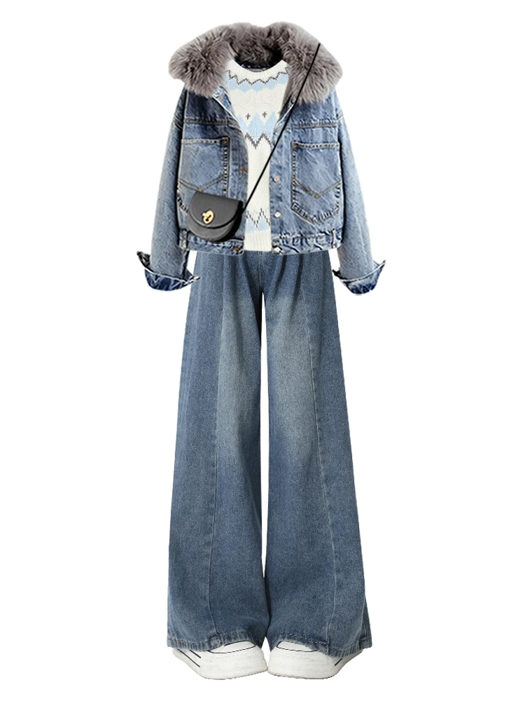 Hiver nouveau Denim Sle manteau blanc Base jambe droite pantalon femmes minceur Anti-âge élégance t-pièce ensemble taille haute longue...