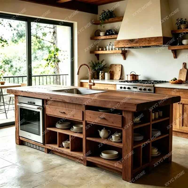 XXSand wind log island table integrated solid wood kitchen island  open villa island combination