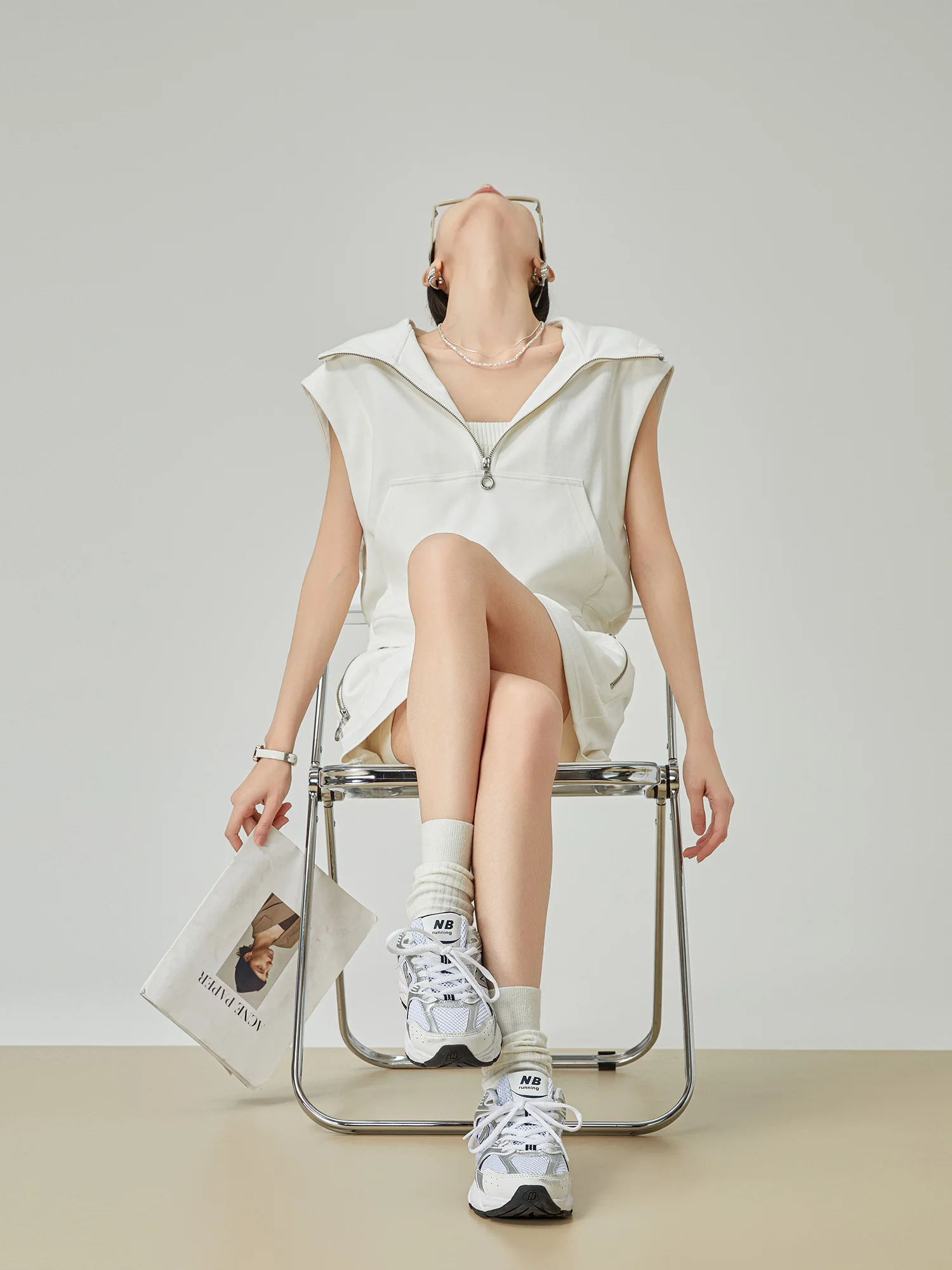 

White Casual Loose Sleeveless Half Open Collar Hoodie Set Women's Summer New Style Two-Piece Shorts Trendy Sportswear