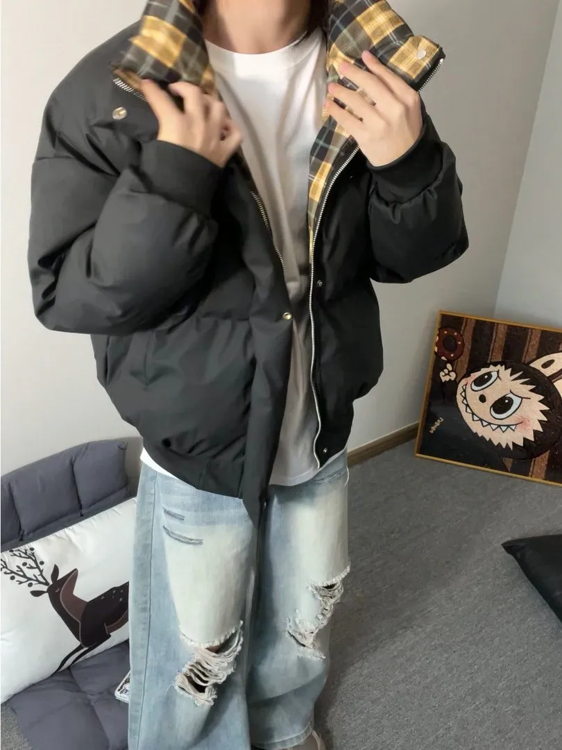 

American Plaid Splicing down Jaet Winter Thiened Bla PU Leather Coat High-End Feeling Cool Couple Trendy Brand Cotton Coat